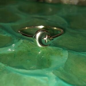 Crescent Moon and Star Solid Sterling Silver Ring